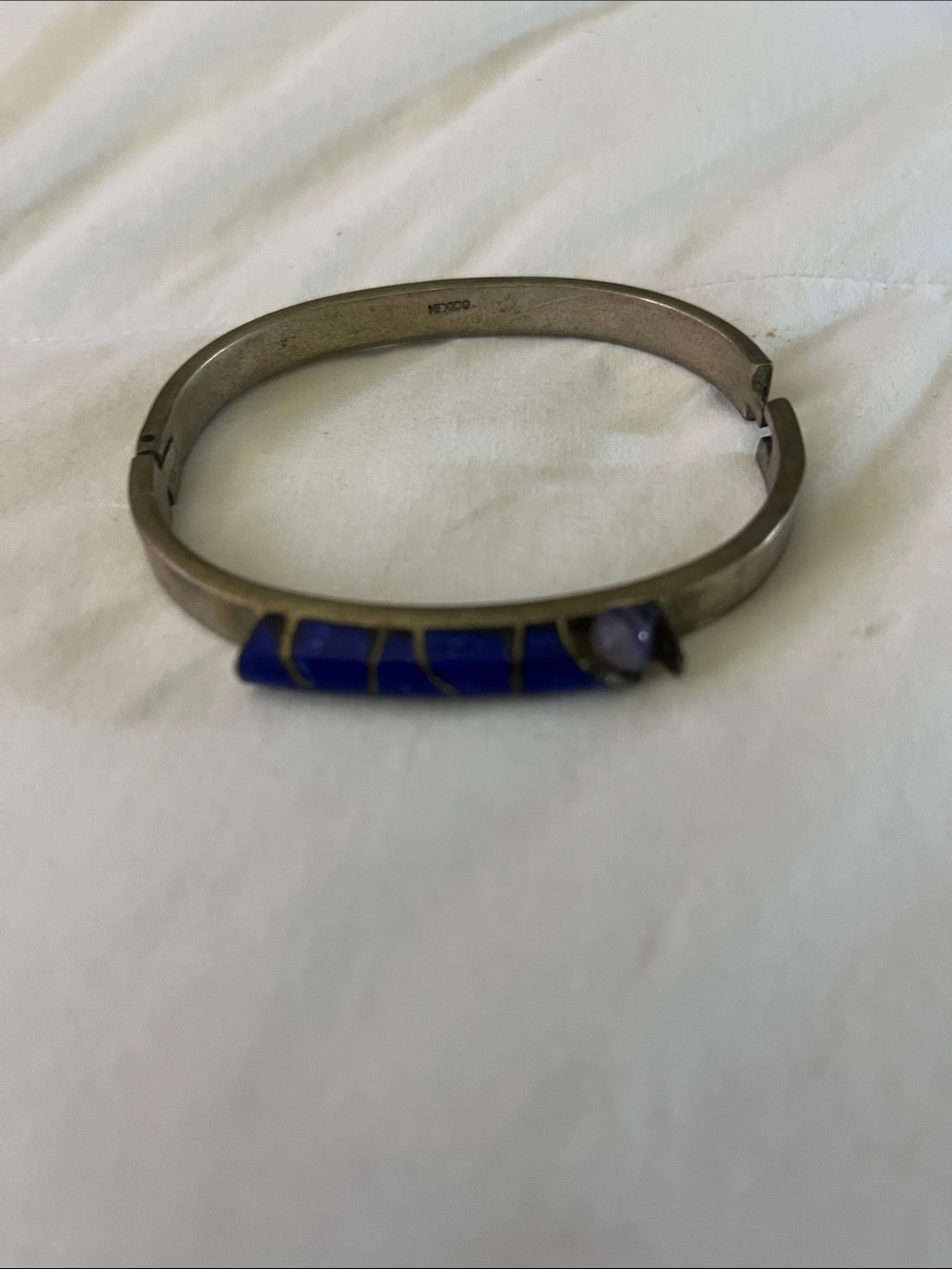 Vintage Mexican Sterling Silver Lapis Lazuli Inlay Hinged Bangle Bracelet